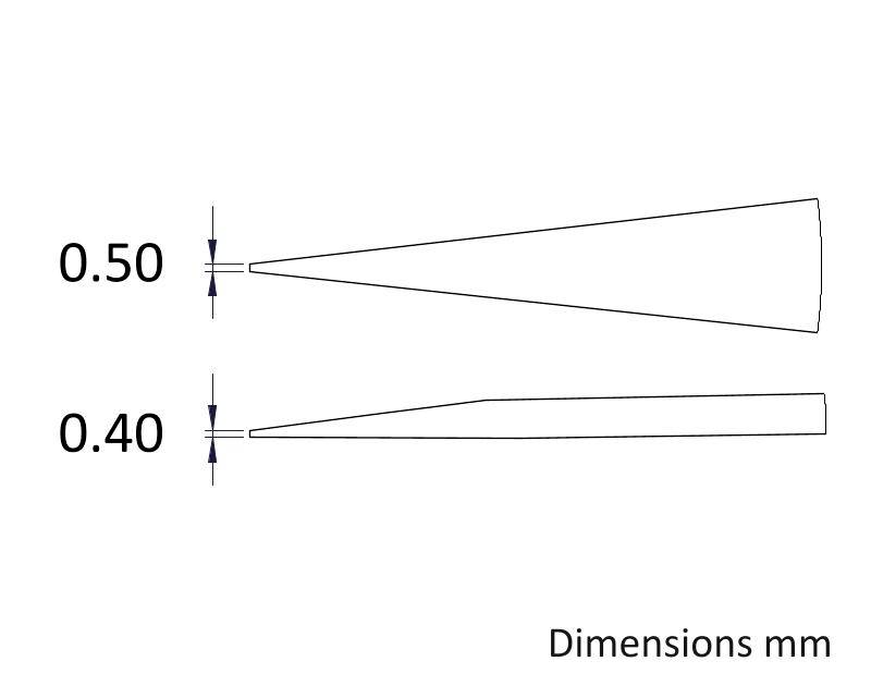 Due oggetti conici con larghezze di 0,50 mm e 0,40 mm da sinistra a destra. 'Dimensions mm' nell'angolo in basso a destra.