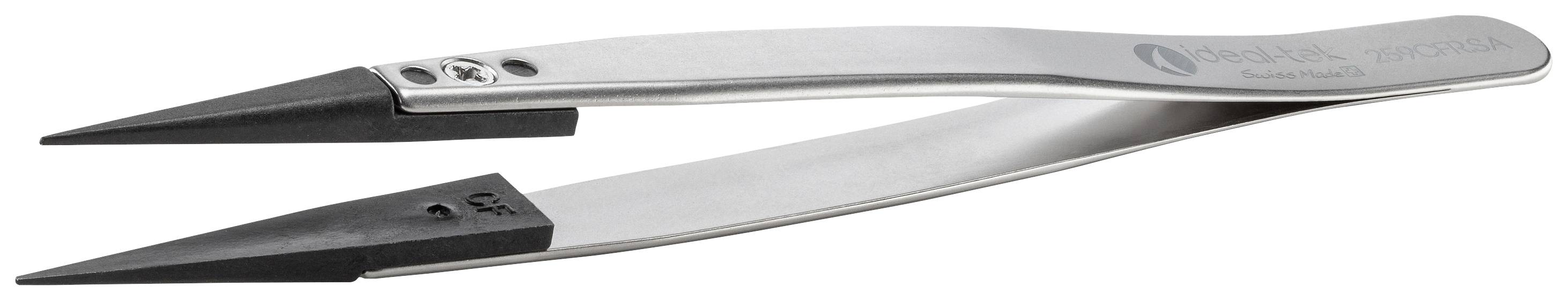 Pinzetta di precisione in argento con punte nere, impugnatura leggermente curva, adatta per lavori di elettronica e meccanica di precisione.