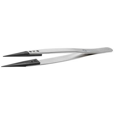 Pinzetta di precisione in argento con punte nere, impugnatura leggermente curva, adatta per lavori di elettronica e meccanica di precisione.