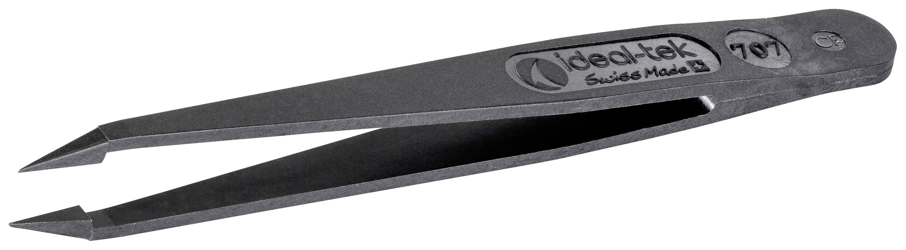 Una pinzetta di precisione nera con punte affusolate, adatta per lavori di precisione. Iscrizione: 'Ideal-tek, Swiss Made, 707'.