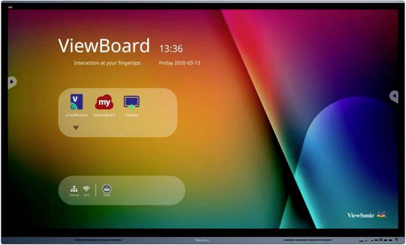 Uno schermo con la visualizzazione 'ViewBoard', ora 13:36, data Venerdì 2020-03-13, e applicazioni per CastBrowser, myViewBoard e AirPlay.