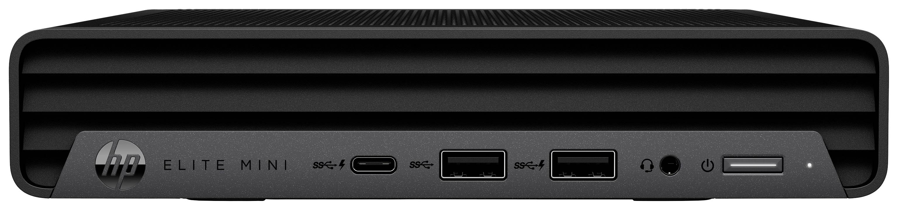 Un mini PC HP Elite nero con diverse porte sul lato anteriore, tra cui USB-C, USB-A e un jack per cuffie.