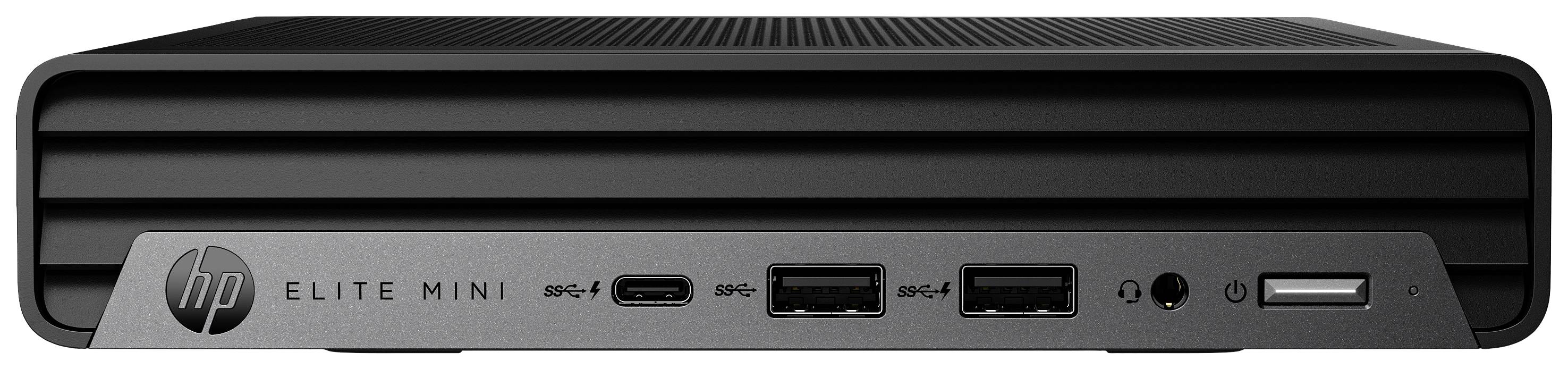 Un mini computer HP Elite nero visto frontalmente, con porte USB, jack audio e una griglia di ventilazione in alto.