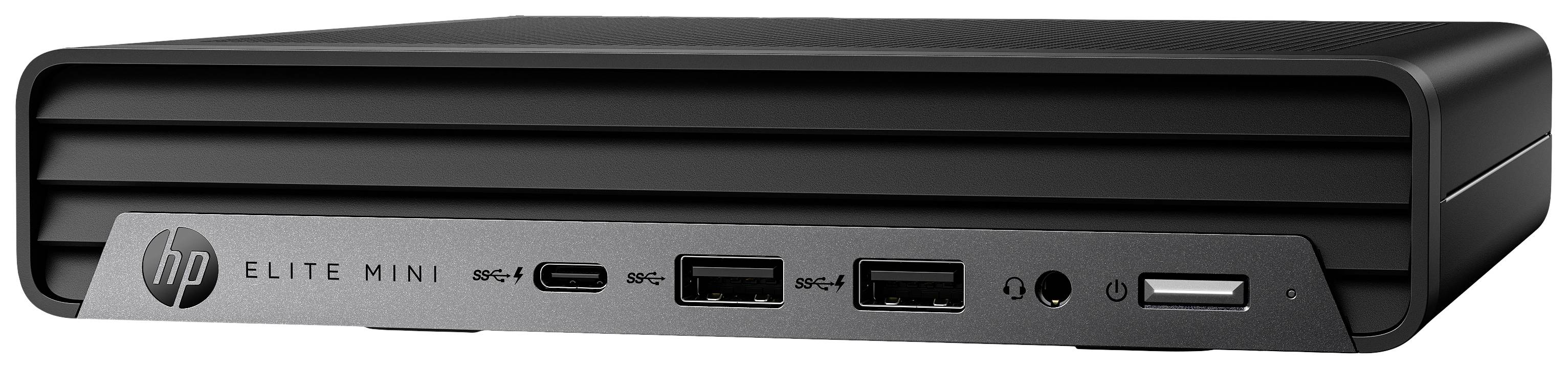 Mini PC nero compatto di HP con scritta 'Elite Mini' sul lato anteriore. Diverse porte di connessione sulla parte frontale.