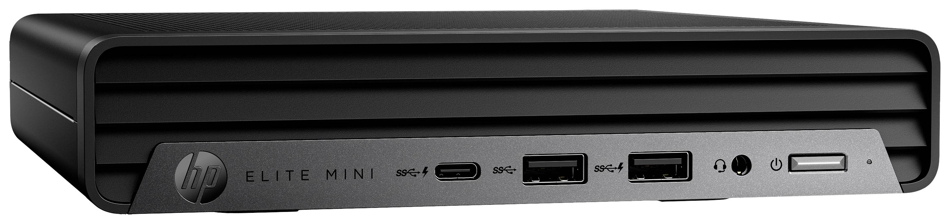 Mini PC nero con più porte USB e un interruttore di rete sul lato anteriore. Logo del marchio sul lato sinistro.