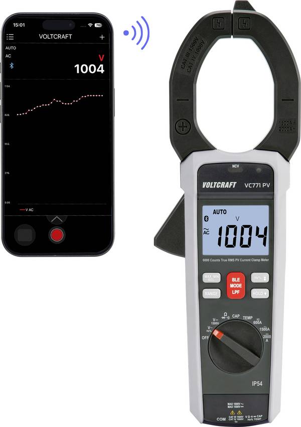 VOLTCRAFT VC771 Pinza amperometrica Calibrato (ISO) digitale Data logger , Incl. borsa, Protetto contro spruzzi d'acqua (IP54)  CAT III 1500 V, CAT IV 1000 V Display (Counts): 6000
