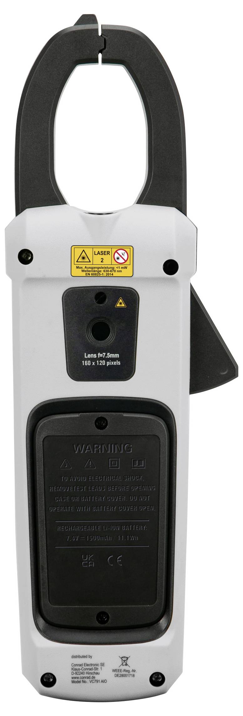Un misuratore di corrente portatile con pinza elettrica con una grande pinza di serraggio in alto, area display centrale e etichette di avvertimento sulla parte anteriore.