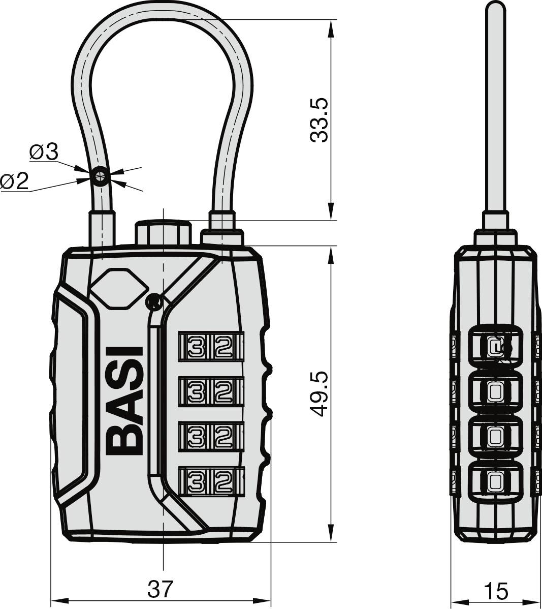 Disegno di un lucchetto a combinazione con specifiche: combinazione a 4 cifre, dimensioni 33,5 mm x 49,5 mm x 15 mm, marca 'BASI'.