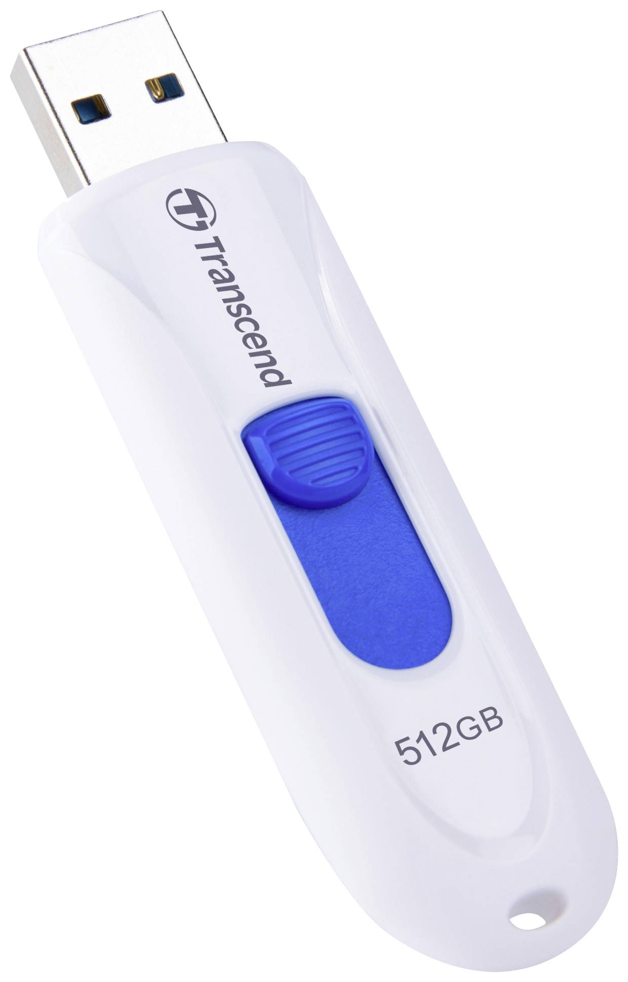 Una chiavetta USB bianca con meccanismo di scorrimento blu e la scritta '512GB'. Marca Transcend.