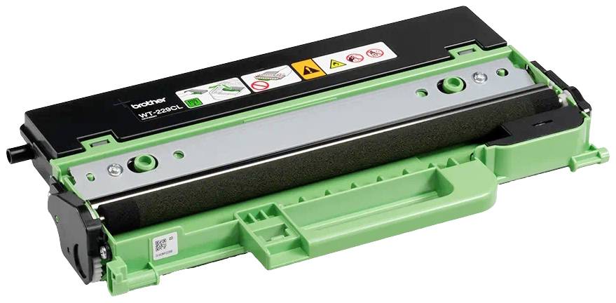 Una cartuccia di toner verde e nera di una stampante con adesivi di sicurezza sul coperchio superiore.