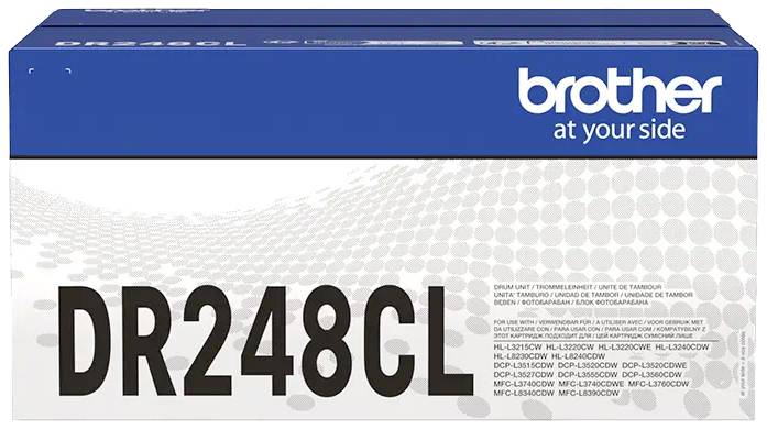 Confezione di un'unità tamburo Brother DR248CL, adatta a diversi modelli di stampanti Brother. Contiene informazioni sulla compatibilità.