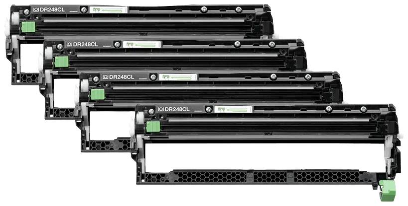 Quattro tamburi per stampanti laser impilati uno sopra l'altro, ciascuno con una leva verde. Sono identici e neri.