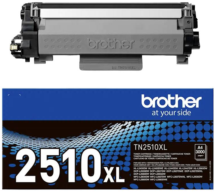 Cartuccia toner 'Brother TN2510XL', compatibile con stampanti come HL-L2350DW e DCP-L2510D. Capacità di stampa di circa 3000 pagine.