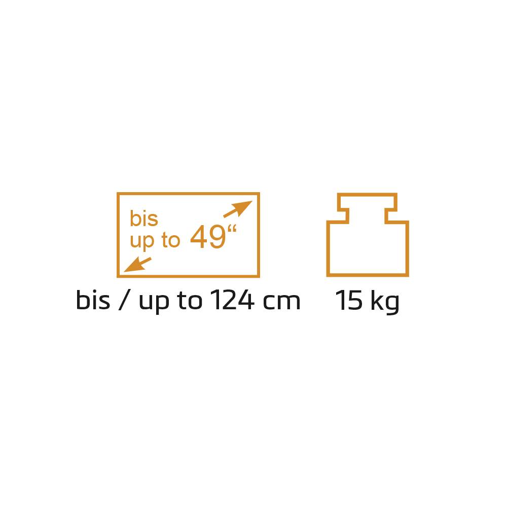 'Dimensione massima TV 49 pollici, altezza fino a 124 cm, peso max. 15 kg.'