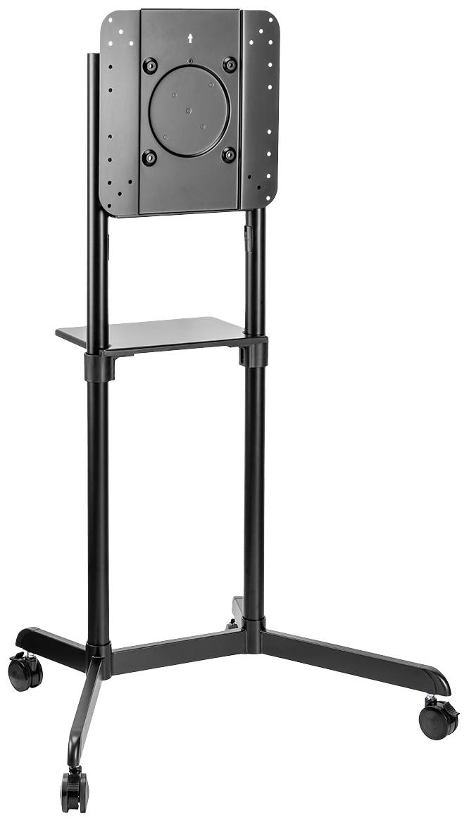 Supporto TV portatile regolabile in altezza con ruote, staffa VESA e ripiano. Ideale per presentazioni e allestimenti degli spazi flessibili.