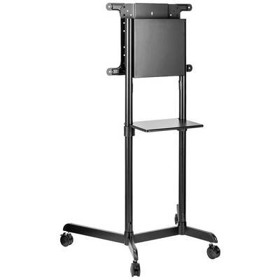 Un supporto TV mobile nero con quattro ruote e un piano d'appoggio, adatto per posizionare un televisore o un monitor.