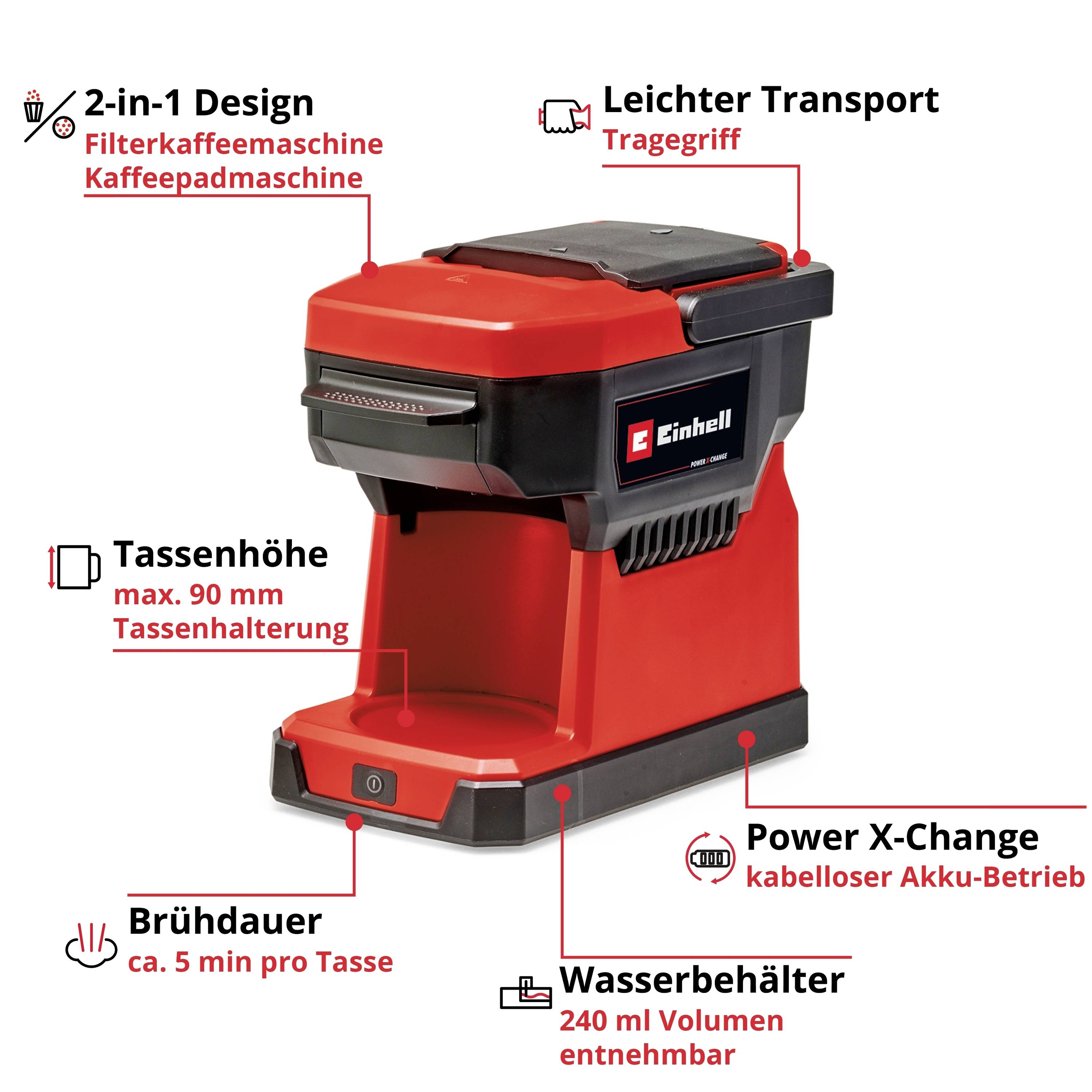 'Macchina da caffè 2-in-1 Einhell rossa con funzione per caffè filtrato e cialde. Caratteristiche: altezza massima tazza 90 mm, serbatoio dell'acqua removibile (240 ml), manico per il trasporto.'