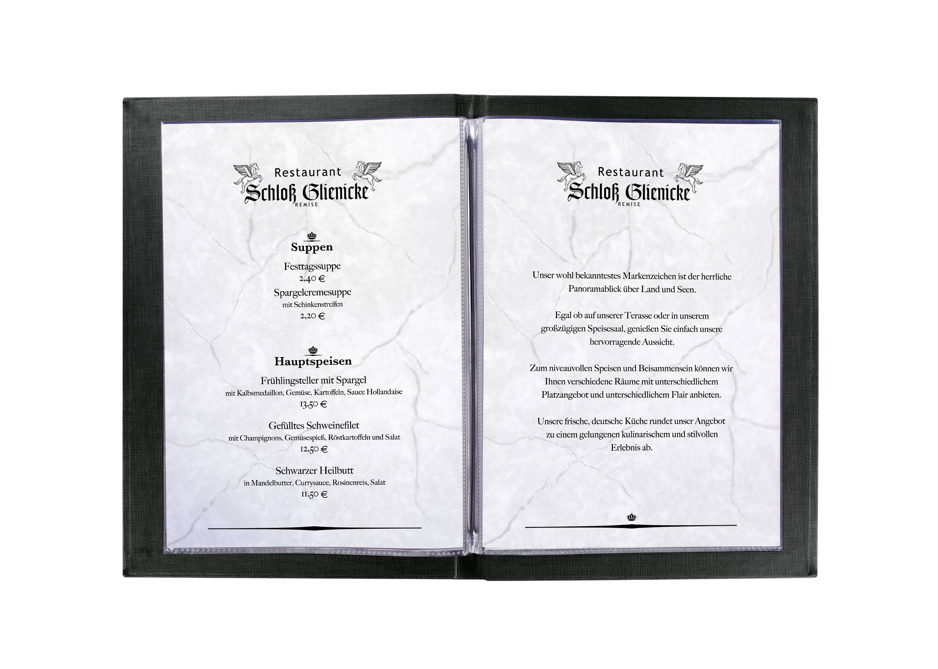 Due pagine di un menu. A sinistra: Zuppe e piatti principali, compresi i prezzi. A destra: Informazioni sul ristorante.