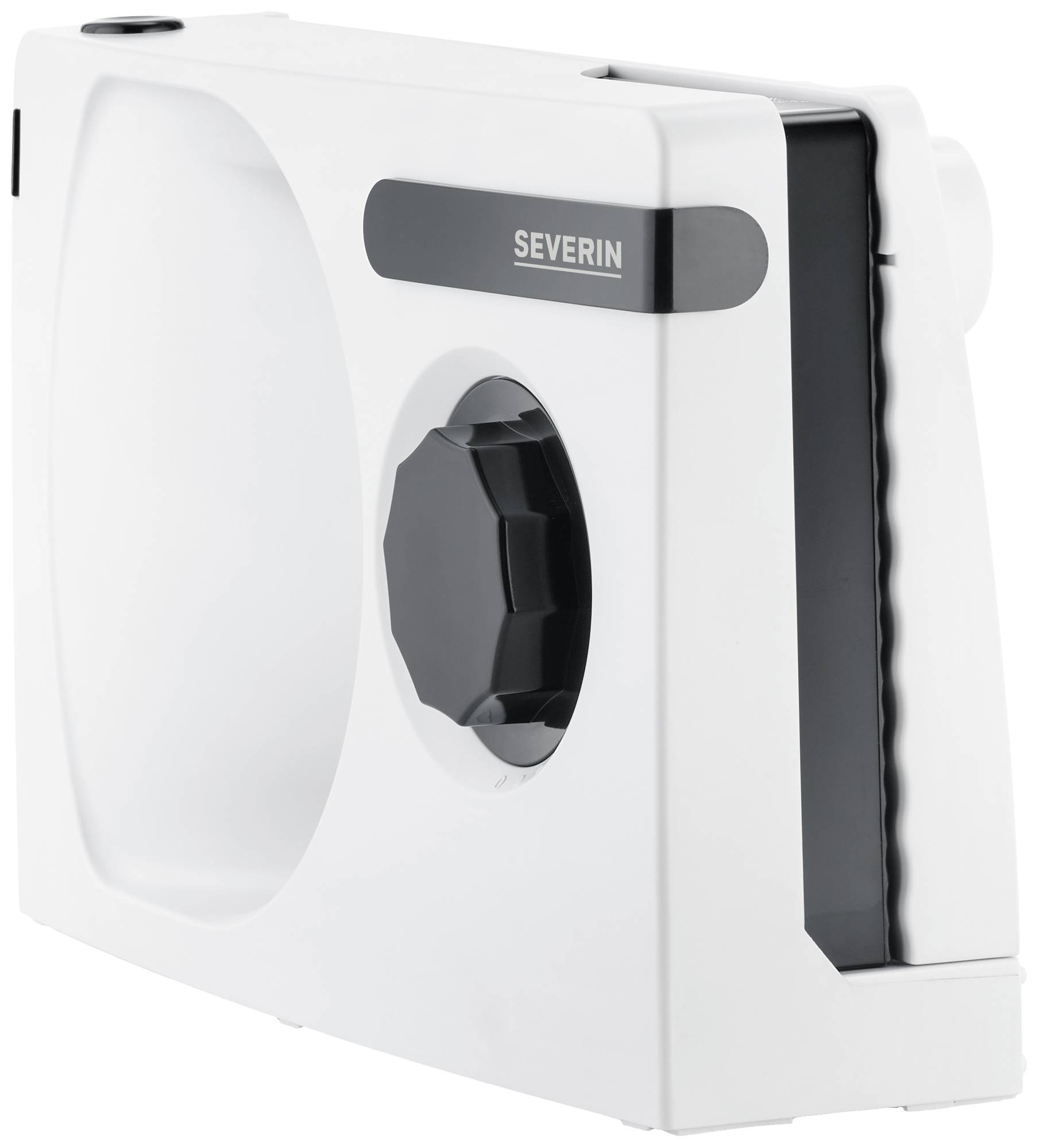Avvolgicavo bianco di Severin con manopola nera, dal design compatto.
