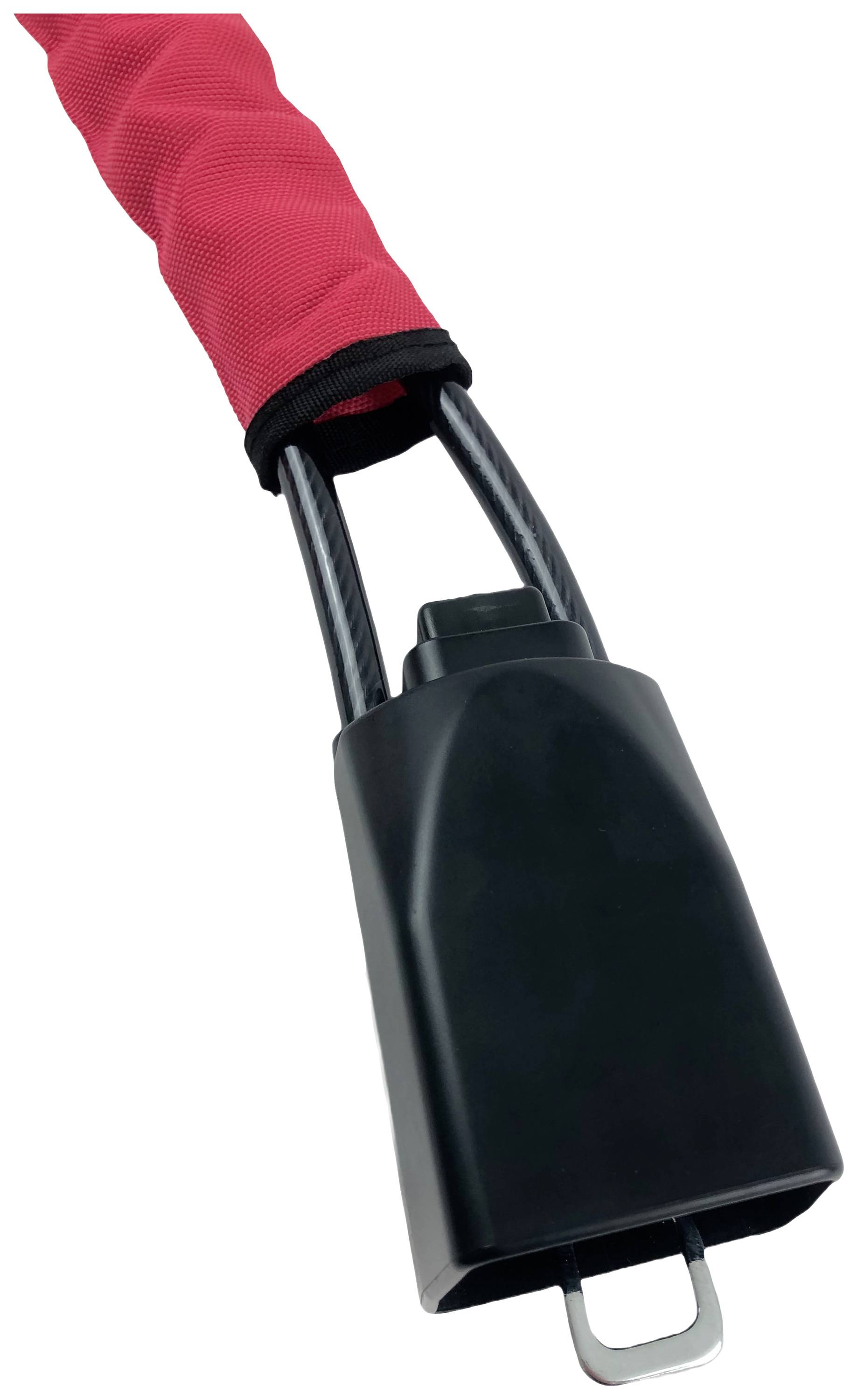 Un lucchetto per bicicletta nero con un rivestimento protettivo rosso; il lucchetto ha una solida staffa in metallo.