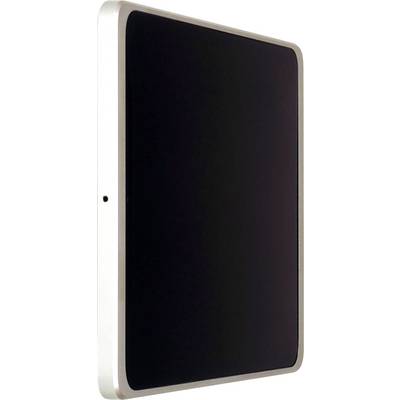 Un tablet rettangolare, scuro con cornice argentata, posto in verticale. Ha un aspetto moderno e minimalista.