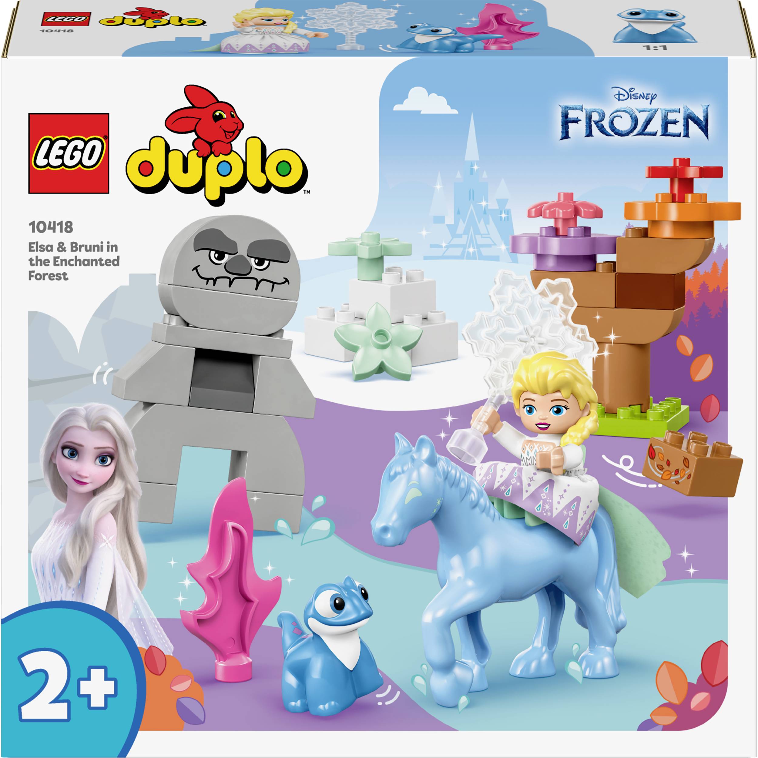Set LEGO DUPLO 10816 raffigura scene di Frozen di Disney: Elsa cavalca Bruni, il salamandro, nella foresta incantata. Da 2 anni in su.