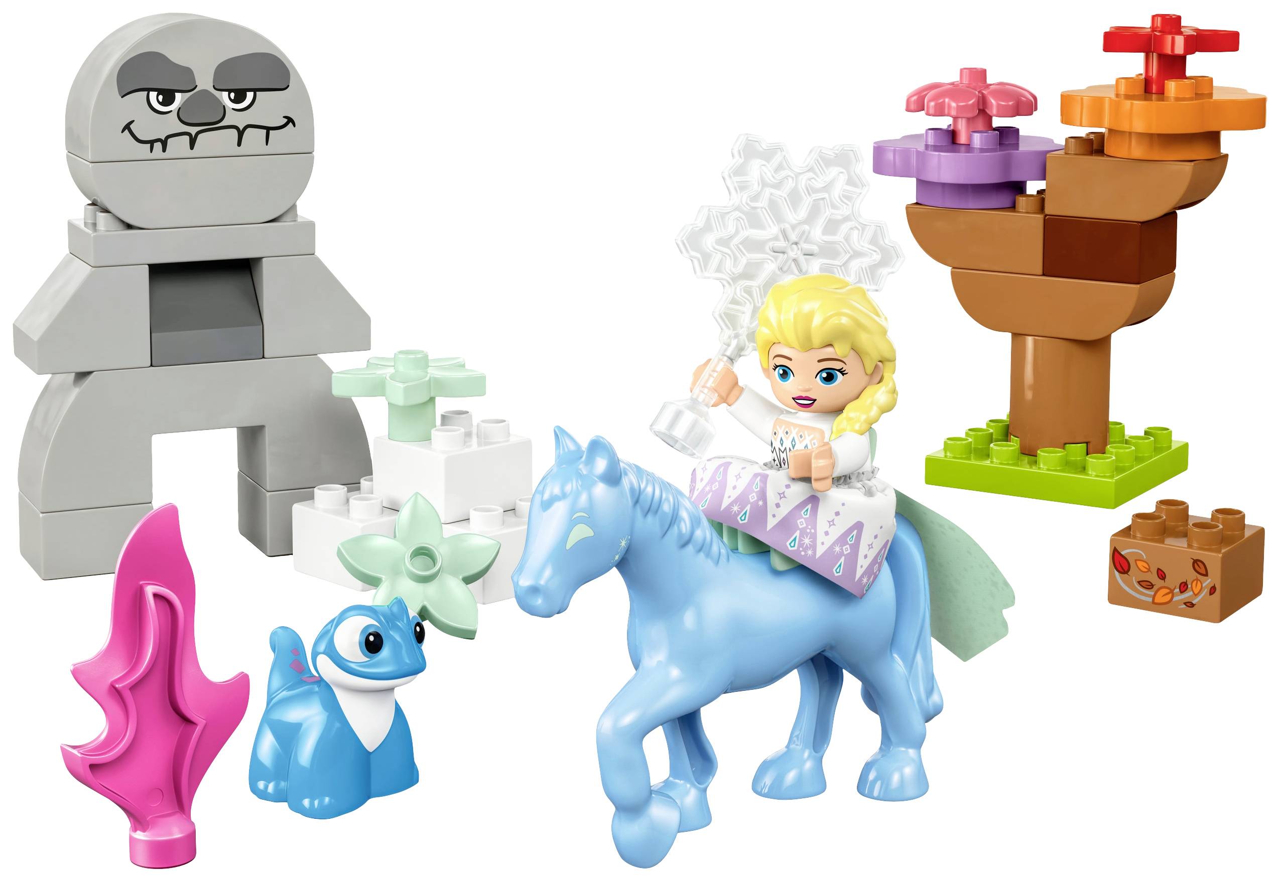 Set di giochi con blocchi colorati e figure: Una bambina su un cavallo blu, un gufo, una decorazione a cristallo di neve e alberi.