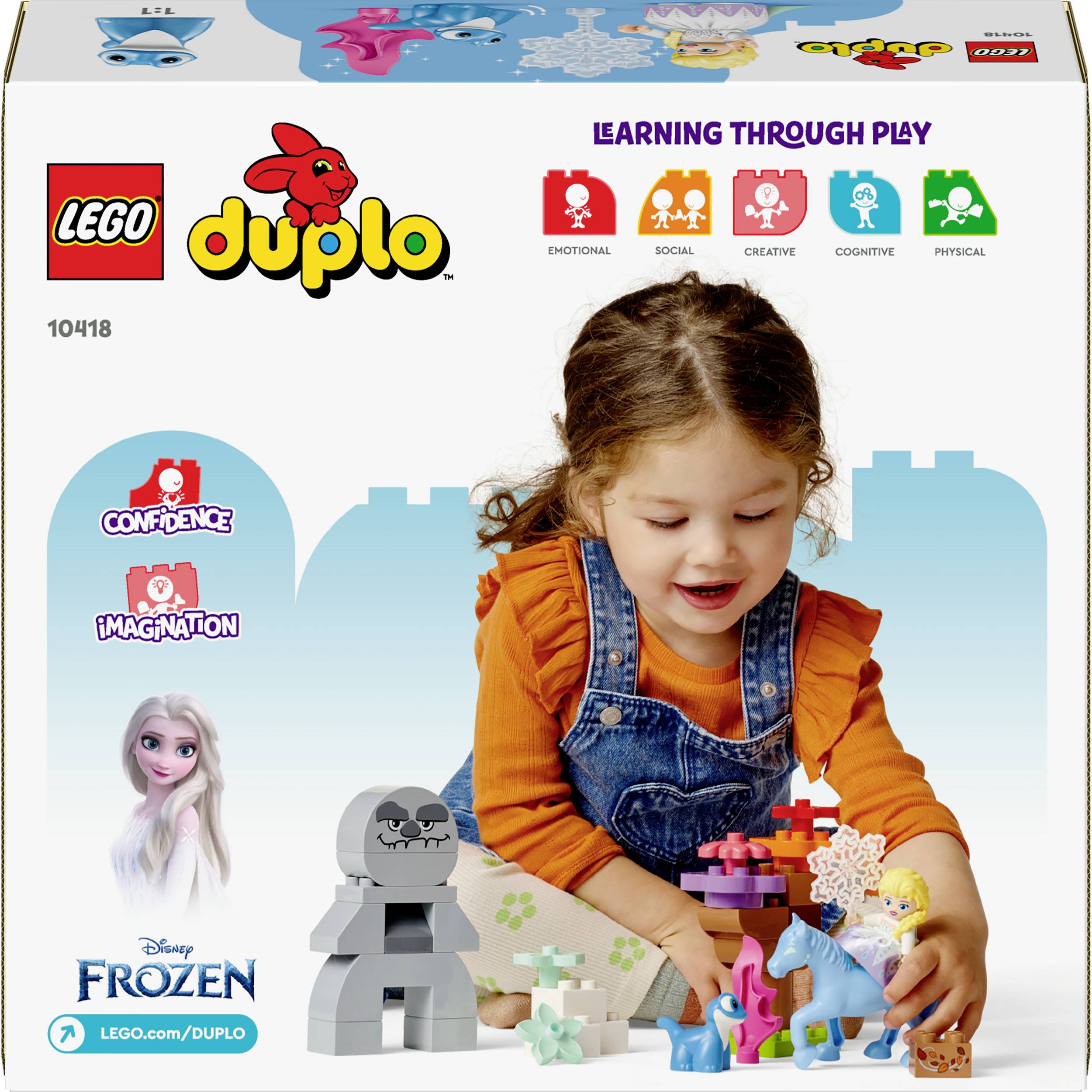 Un bambino gioca con blocchi LEGO DUPLO, circondato da temi quali lo sviluppo emotivo e cognitivo. Personaggi LEGO e di Frozen raffigurati.