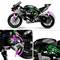 Un modello di motocicletta in LEGO Technic con un primo piano dettagliato dei componenti del cambio e frecce che illustrano il funzionamento.