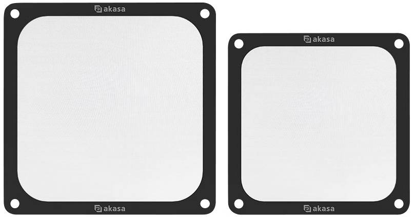 Due filtri quadrati per ventole in materiale nero con una fine rete bianca, il nome del marchio 'akasa' in alto, un filtro più grande e uno più piccolo affiancati.