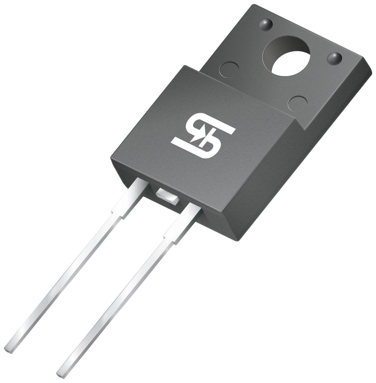 Un transistor TO-220 con due terminali metallici e un dissipatore di calore nero. Logo del marchio sul corpo del componente.