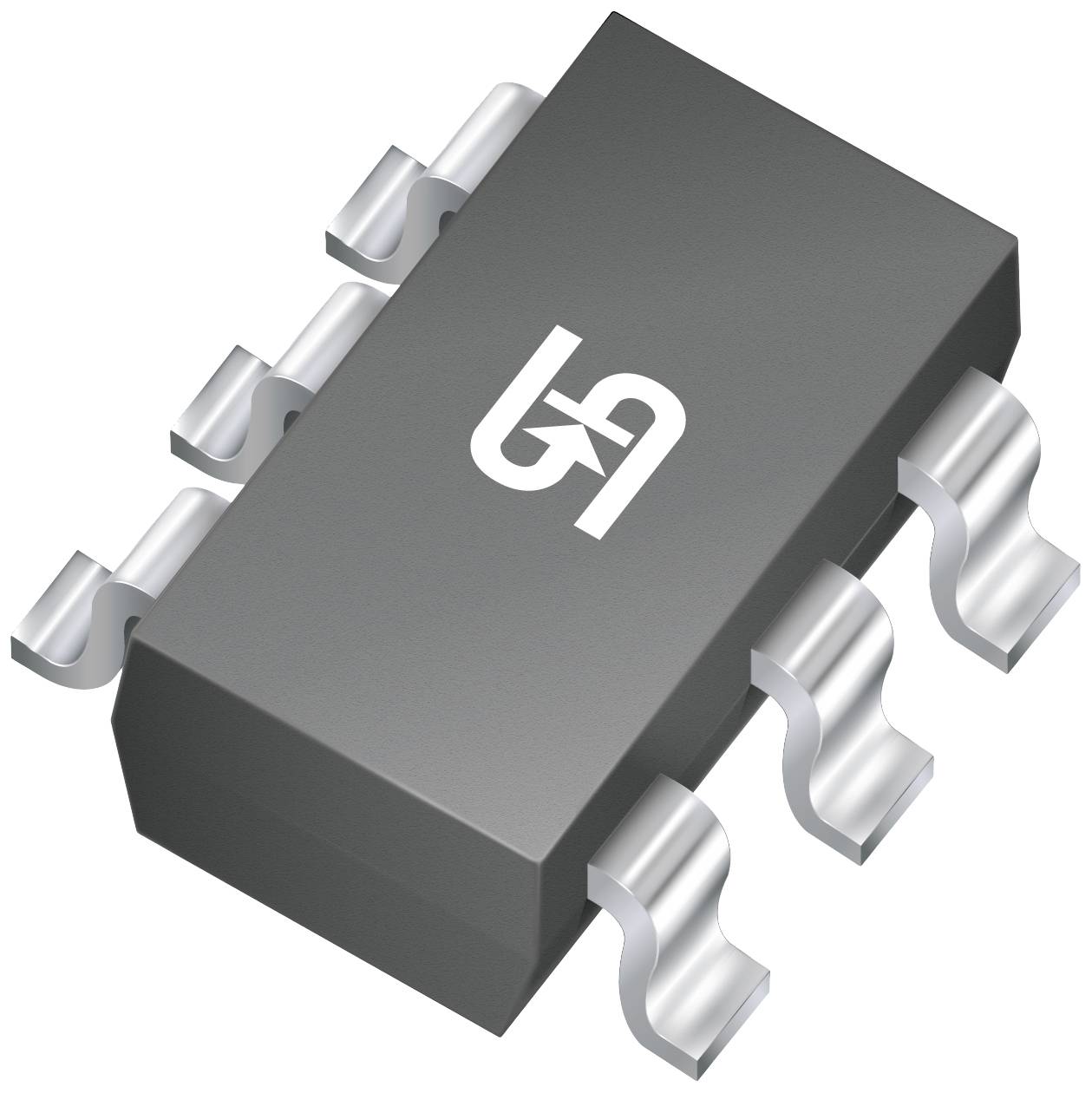 Un microchip nero rettangolare con connettori metallici su entrambi i lati, con un logo bianco che riporta le lettere 'BA'.