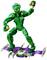 Un robot verde con un'espressione minacciosa tiene in mano oggetti dorati e sta in piedi su una piattaforma lilla-grigia.