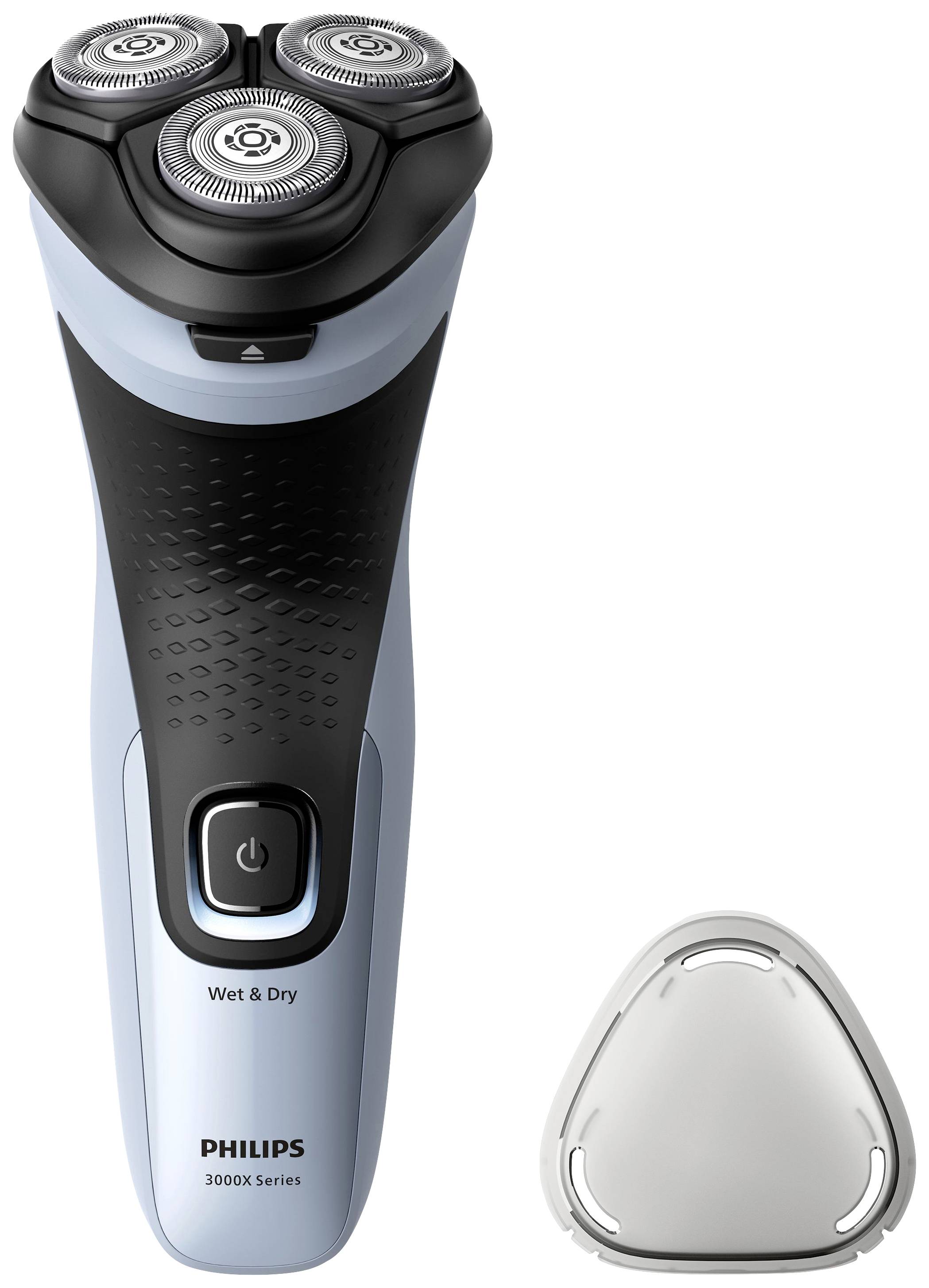 Rasoio elettrico Philips, serie 3000X, con tre teste rotanti per il taglio; la testa del rasoio rimovibile è posizionata accanto.