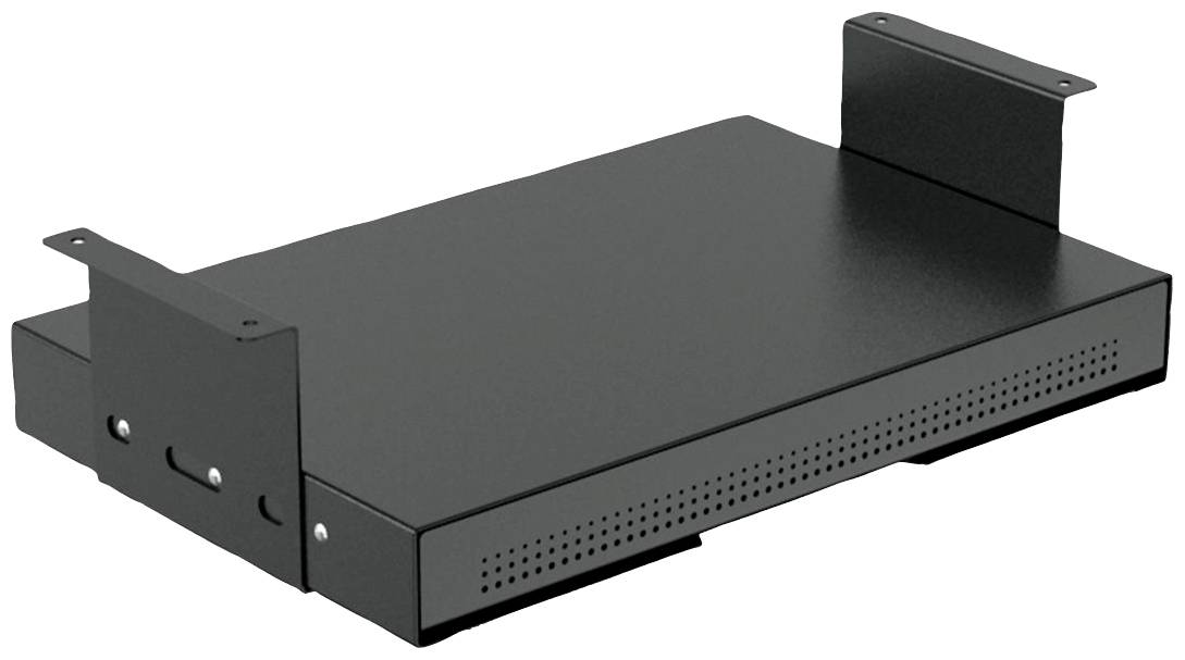 Uno scaffale nero in metallo per rack server, con parte anteriore ventilata e supporti laterali per il fissaggio.