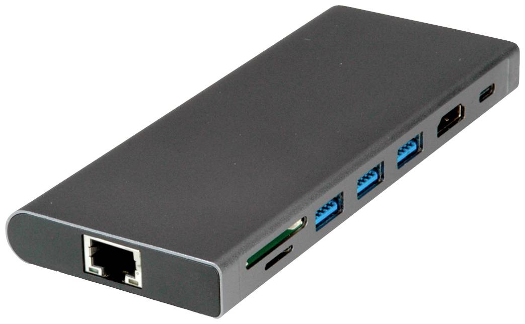 Un hub USB-C nero con più porte: porta Ethernet, lettore di schede SD, porte USB e uscita HDMI, disposti lateralmente.