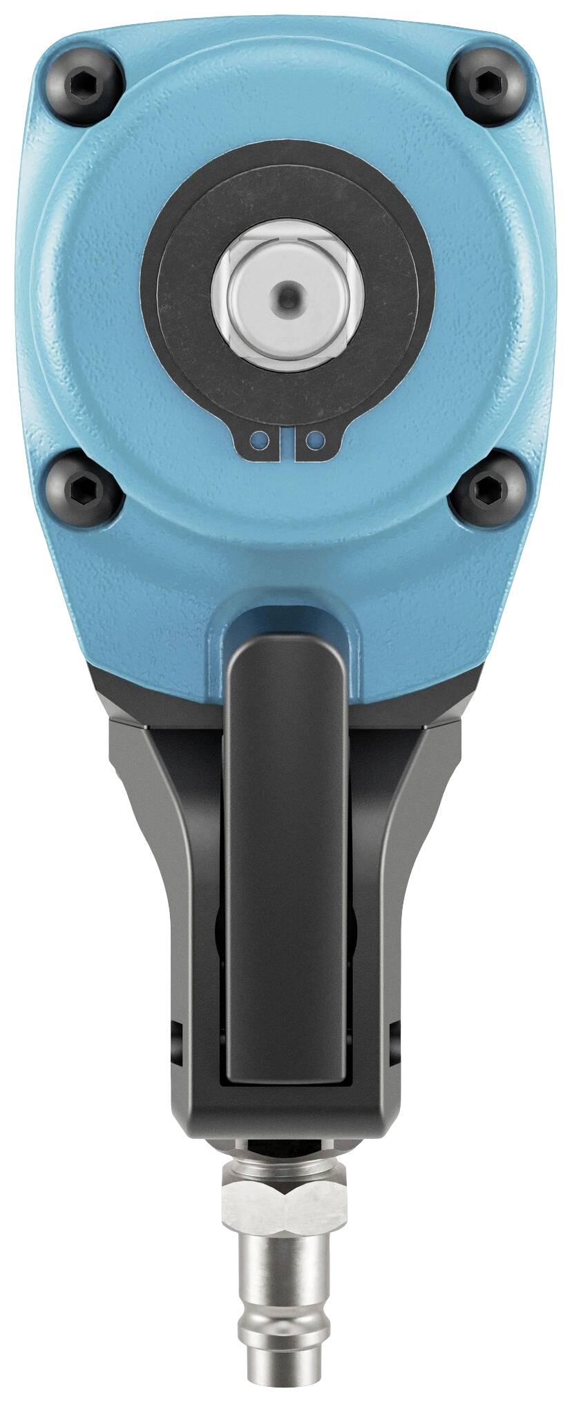 Avvitatore ad impulsi pneumatico con custodia blu, raffigurato frontalmente. Strumento principale per allentare o serrare rapidamente viti.