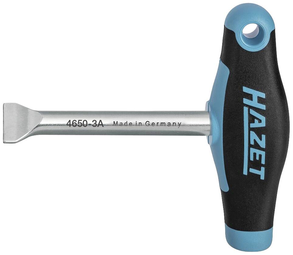 Un chiave a T della marca HAZET, modello 4650-3A, fabbricata in Germania, con una lama piatta e larga.