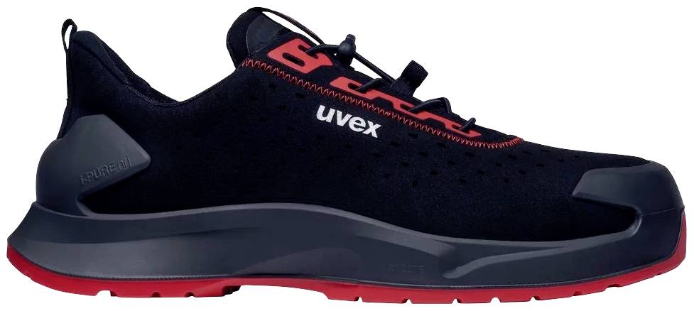 Scarpa antinfortunistica nera con accento rosso, stampata lateralmente con il logo 'uvex'. Robusta, suola antiscivolo, design alla moda.