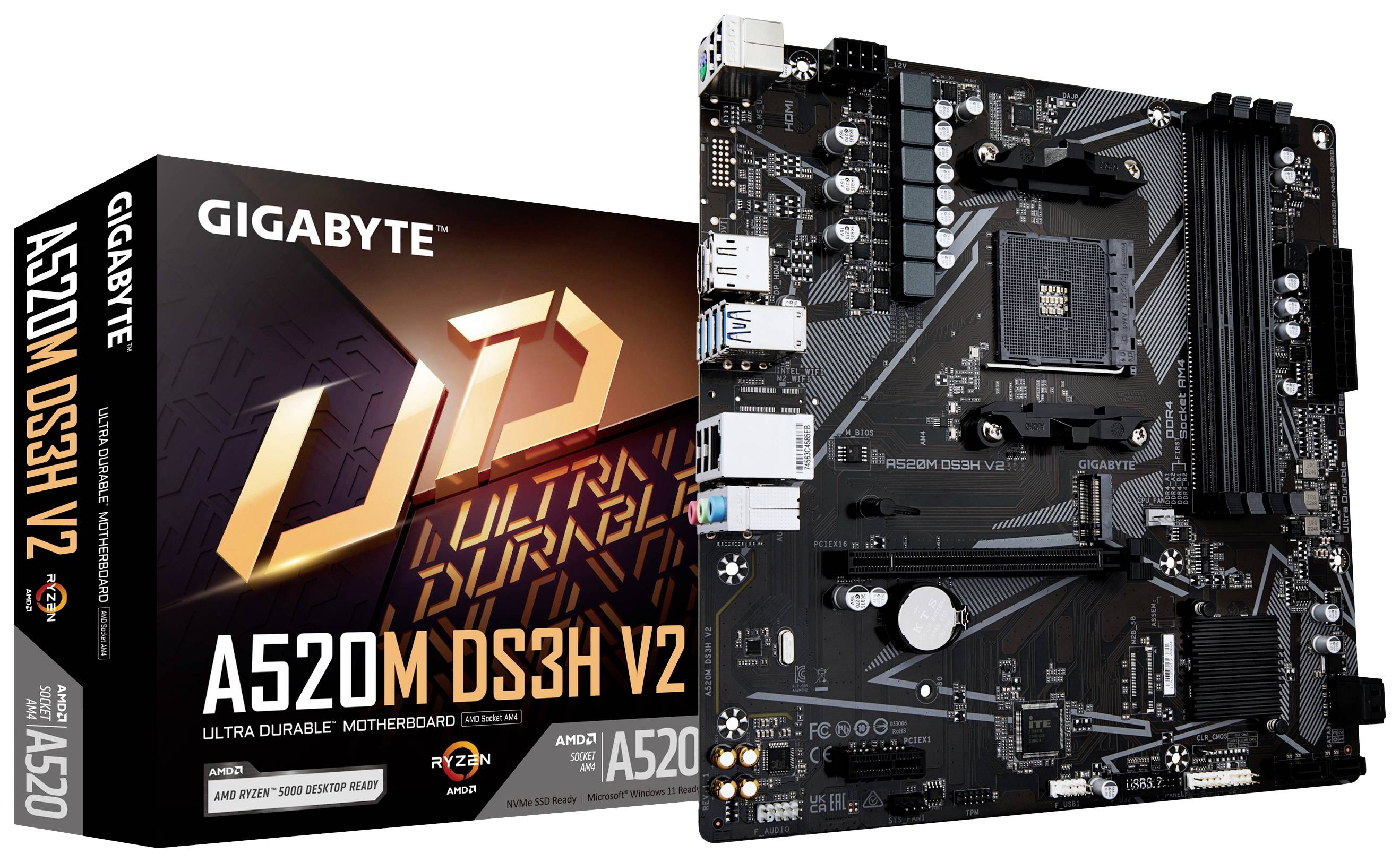 Confezione della scheda madre 'GIGABYTE A520M DS3H V2' a sinistra, che mostra il logo e il modello. A destra, la scheda madre con connettori e slot di espansione.