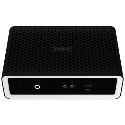 Mini PC compatto nero con superficie superiore forata. Il lato frontale mostra le porte e i pulsanti per USB, audio e schede SD.
