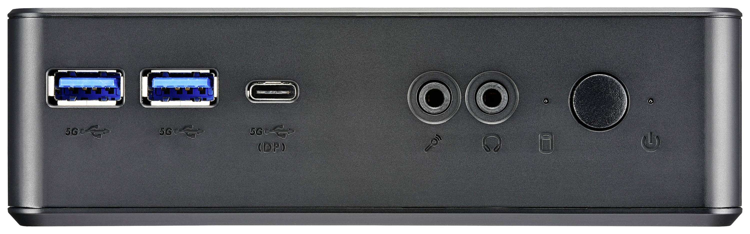 La parte anteriore di un case per computer nero con due porte USB, una porta USB-C, due jack audio e un pulsante di accensione.