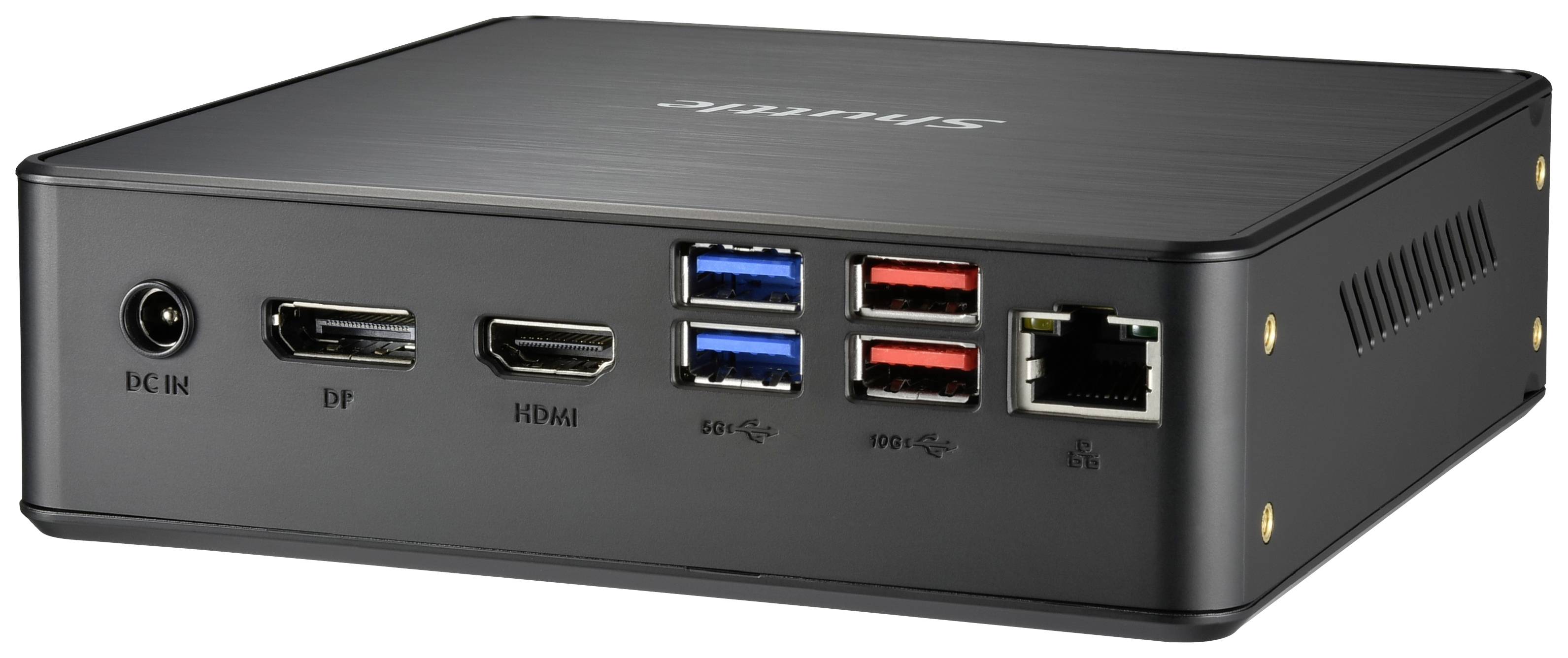 Un mini PC nero con diversi porte: DC-In, DisplayPort, HDMI, porte USB e porta di rete sul retro.