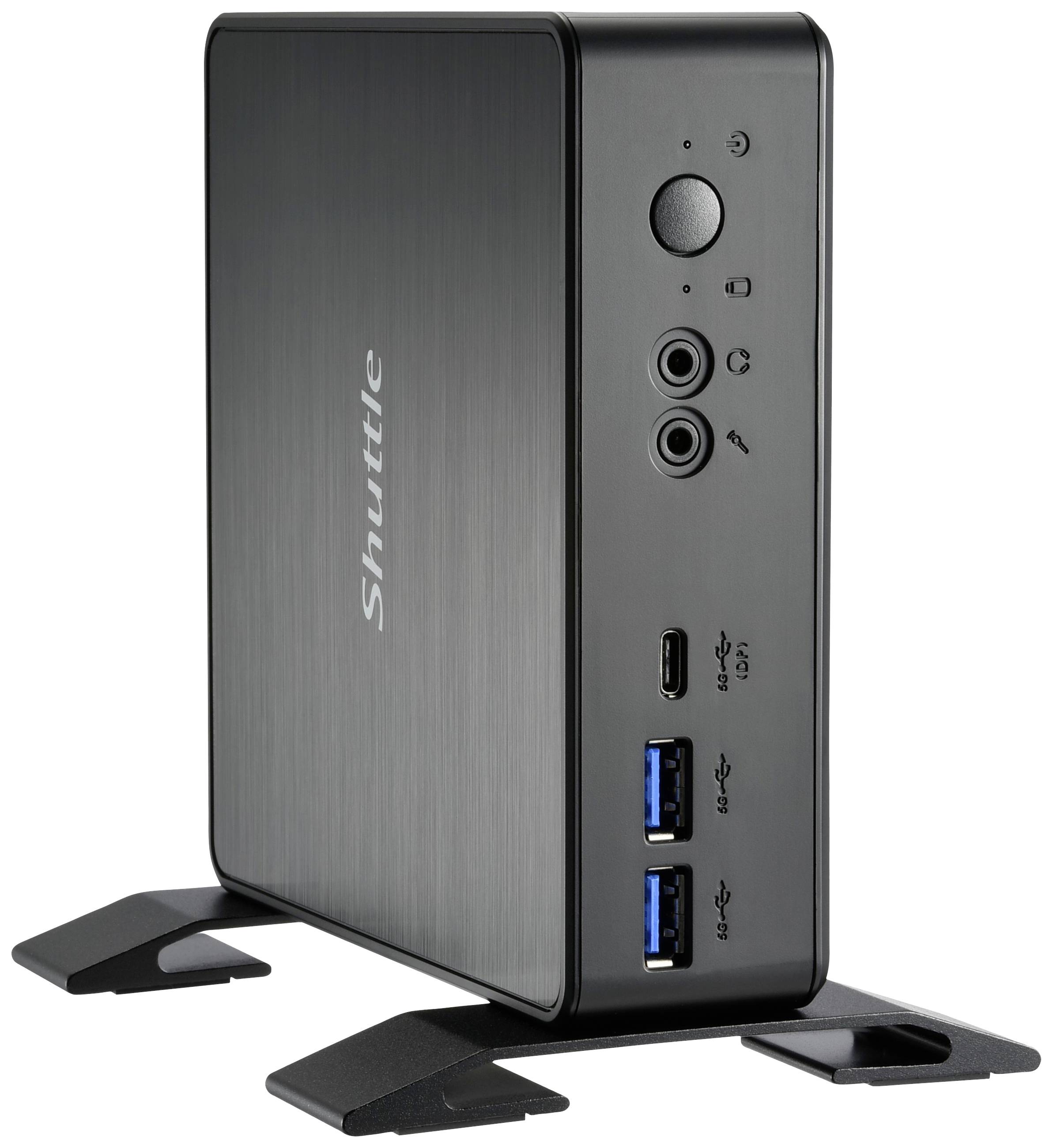 Mini-PC con custodia nera su piedistallo. Parte anteriore con connettori: USB, HDMI, microfono e jack per cuffie.
