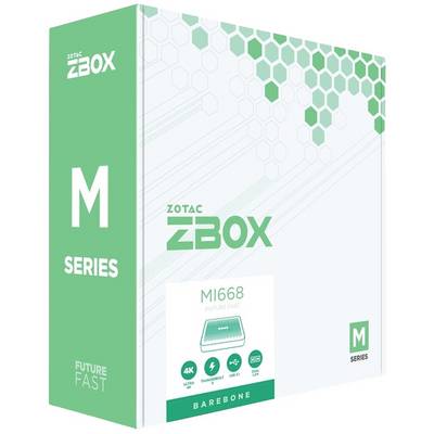 'ZOTAC ZBOX Serie M' confezione, modello MI668. Caratteristiche: 4K, Wi-Fi, efficienza energetica. Su sfondo bianco con motivo verde.