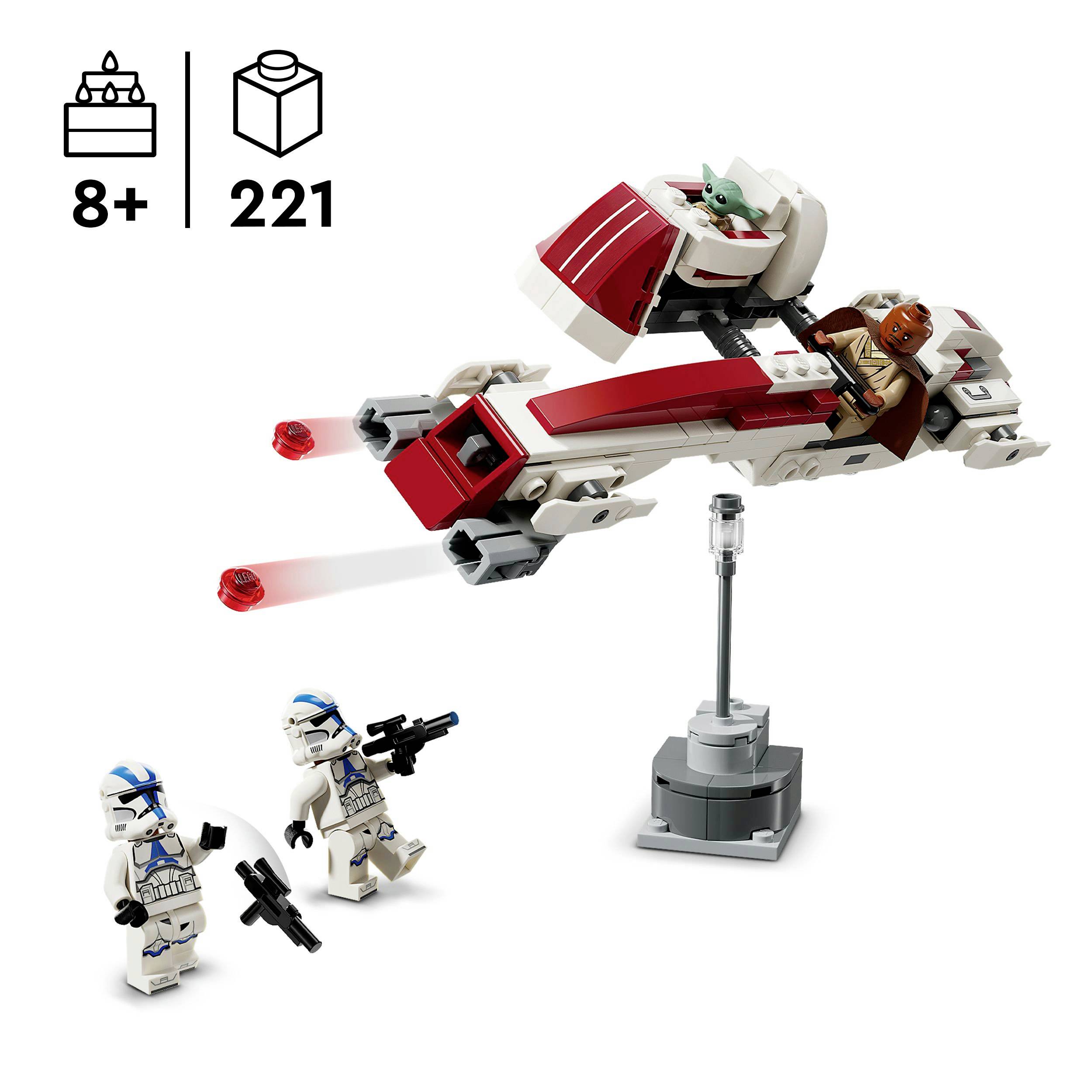 Set LEGO Star Wars con 221 pezzi, adatto dai 8 anni in su. Include un modello di astronave, due minifigure con blaster e un personaggio baby.
