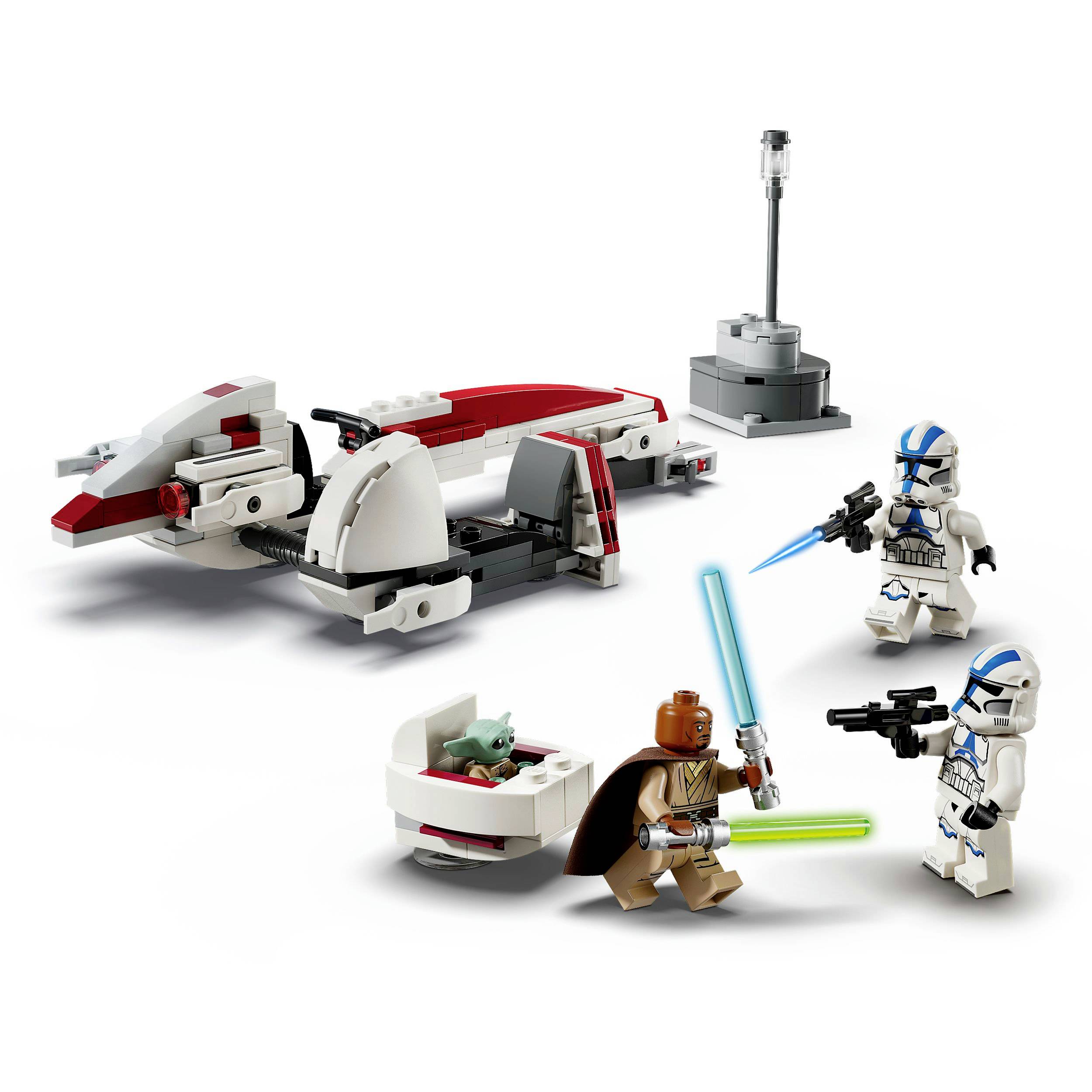 Set LEGO di Star Wars con astronave, due soldati clone, un Jedi con spada laser e una figura di un bambino. Tutte le figure pronte per giocare.