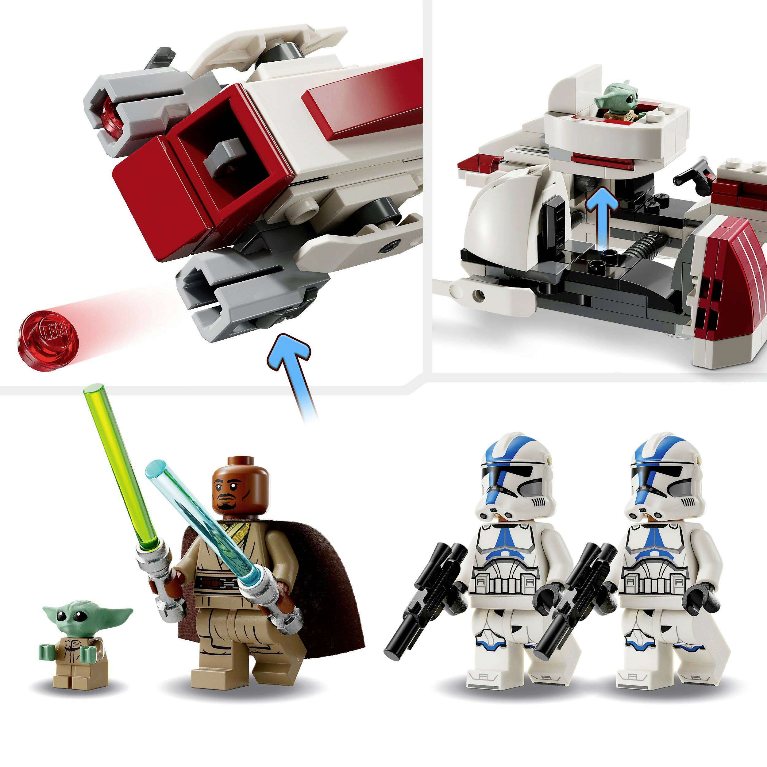 Set LEGO Star Wars con astronave e personaggi, tra cui un Jedi con spada laser verde e due soldati clone.