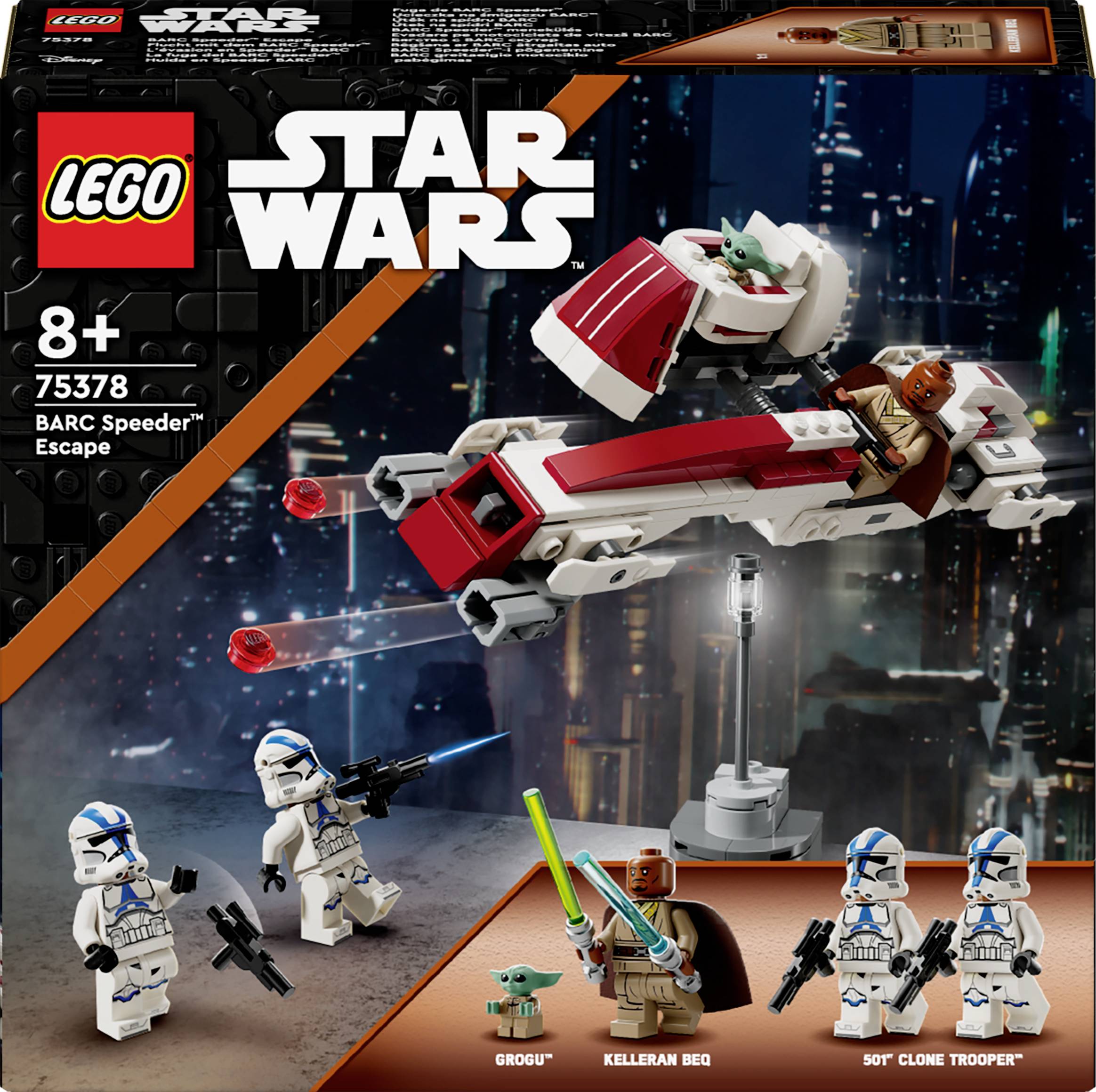 LEGO Star Wars Set 'BARC Speeder' con varie figure. Adatto a bambini dagli 8 anni in su. Include Grogu e truppe dei cloni.