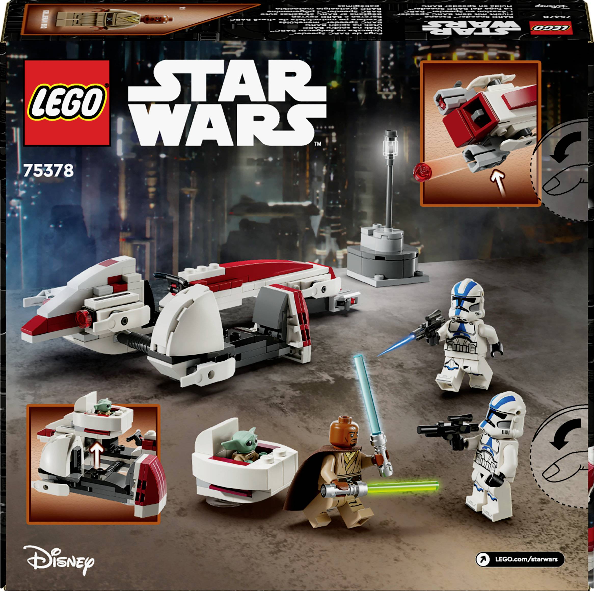 Set LEGO Star Wars 75378: Include un'astronave con figura di pilota, due soldati, figura di un bambino, blaster e spada laser.
